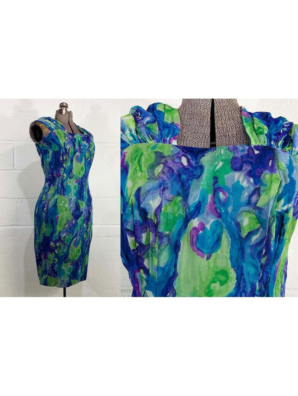 Vintage Floral Dress Blue Green Watercolor 1970s 1960s Wedding Large